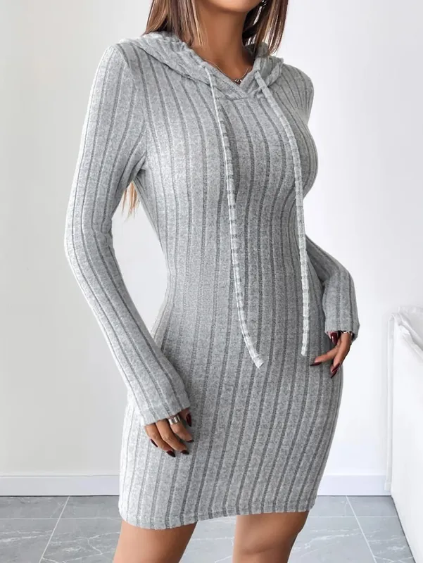 Trendy Ribbed Knitted Hooded Slim Fit Dress with Drawstring - Comfortable Casual Style for Women