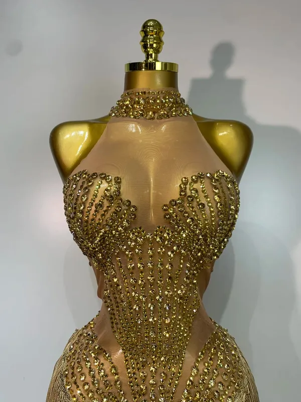 Costume di scena sexy scintillante strass maglia trasparente paillettes nappa sera festa di compleanno discoteca danza cantante vestito