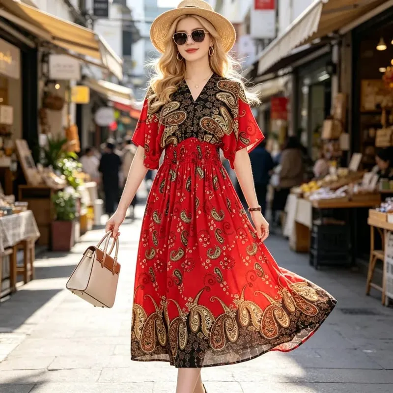 Boho Holiday Women V-Neck Batswing Short Sleeve A-Line Midi Dresses Slim Elastic Waist Casual Vintage Office Lady Elegance Dress — image 3