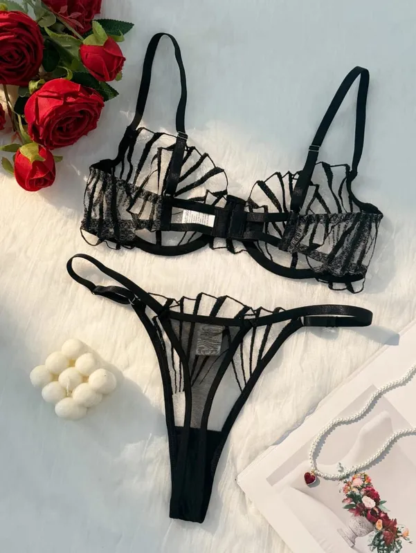 Women Black Geometric Embroidery Lingerie Set Ruffle Trim Underwire Bra Thong Sheer Mesh Stylish Intimate Underwear ZA824058 — image 3