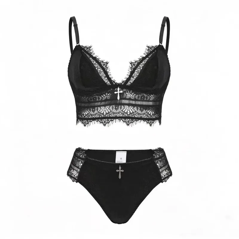 Women's Black Lace Lingerie Set Gothic Dark Style Cross Pendant Bra And Panty Set for Adult Size