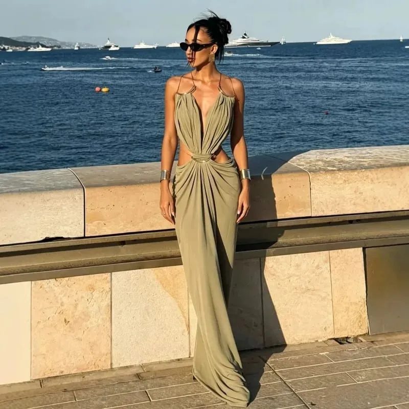 Sexy Deep V Metal Trim Spaghetti Strap Ruched Maxi Dress Cutout Crisscross Backless Slim Luxury Dresses Beach Vacation Evening