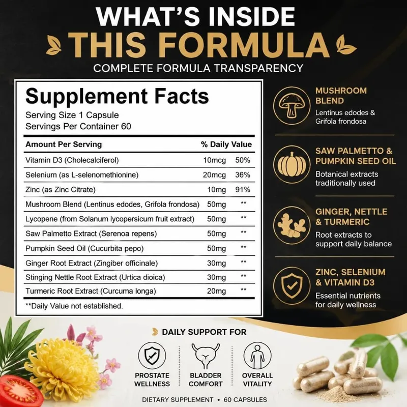 Prostate Health Capsules for Men Saw Palmetto Pumpkin Seed & Lycopene with Zinc for Urinary Flow & Bladder Comfort 60 Count — image 6