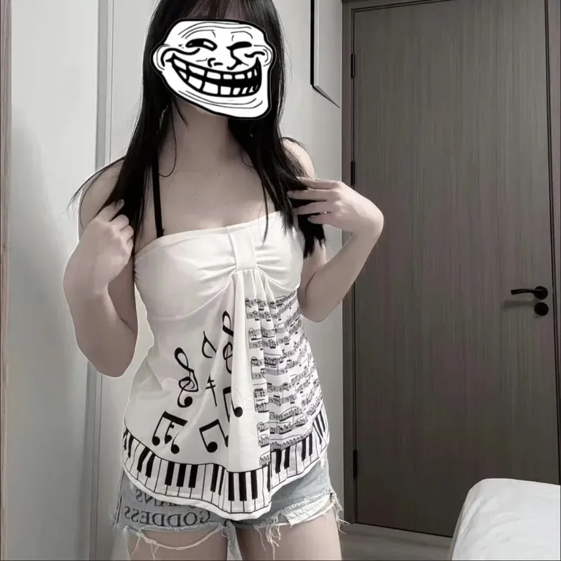 Music Note Piano Key Print Halter Tops Women Y2K Sweet Gothic Strapless Vest Bow Front Ruffle Hem Camisole Fashion Streetwear — image 2