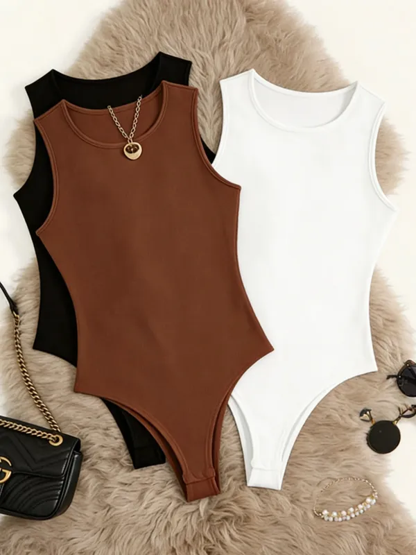Women 3 Pack Solid Ribbed Round Neck Bodysuit Casual Sleeveless Form Fitting One Piece Bodysuit Set — image 5