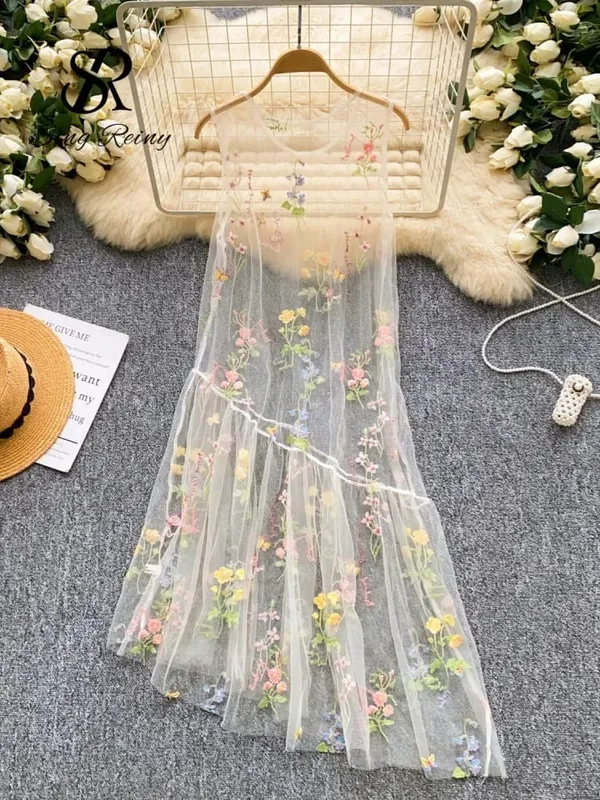 Holiday Floral Embroidery Long Dress 2026 Women O Neck Sleeveless Loose Irregular Summer French Mesh Bohemian Sundress — image 4