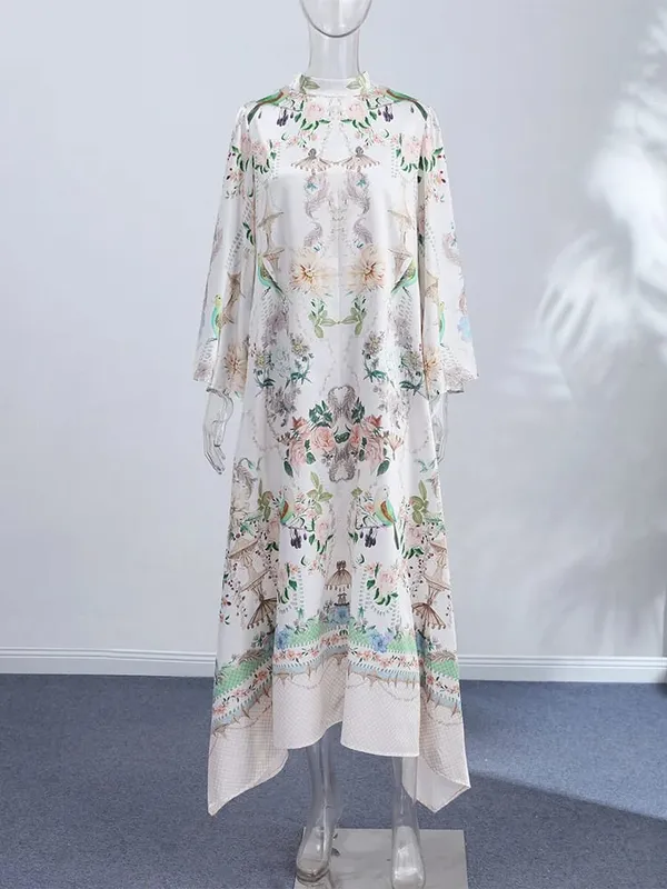 Elegant Printed Belted Maxi Dresses Women Slim Puff Sleeve Lace-up Stand Collar Dress 2026 New Ladies Summer Party Evening Grown — image 5