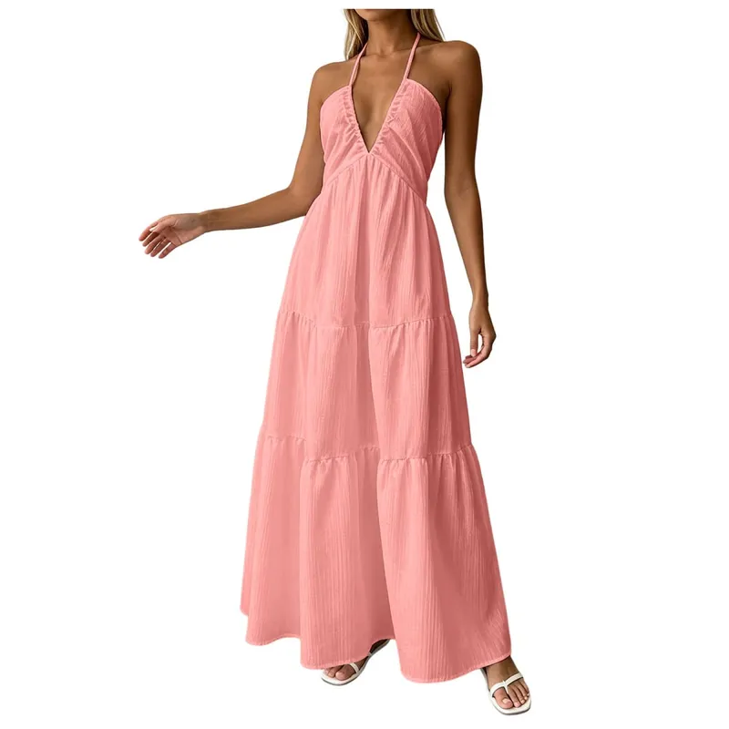 Summer Halter Neck Women's Dress Elegant Chic Wedding Party Beach Dress Backless Flowy Vacation Boho Sling Long Dresses Women — image 11