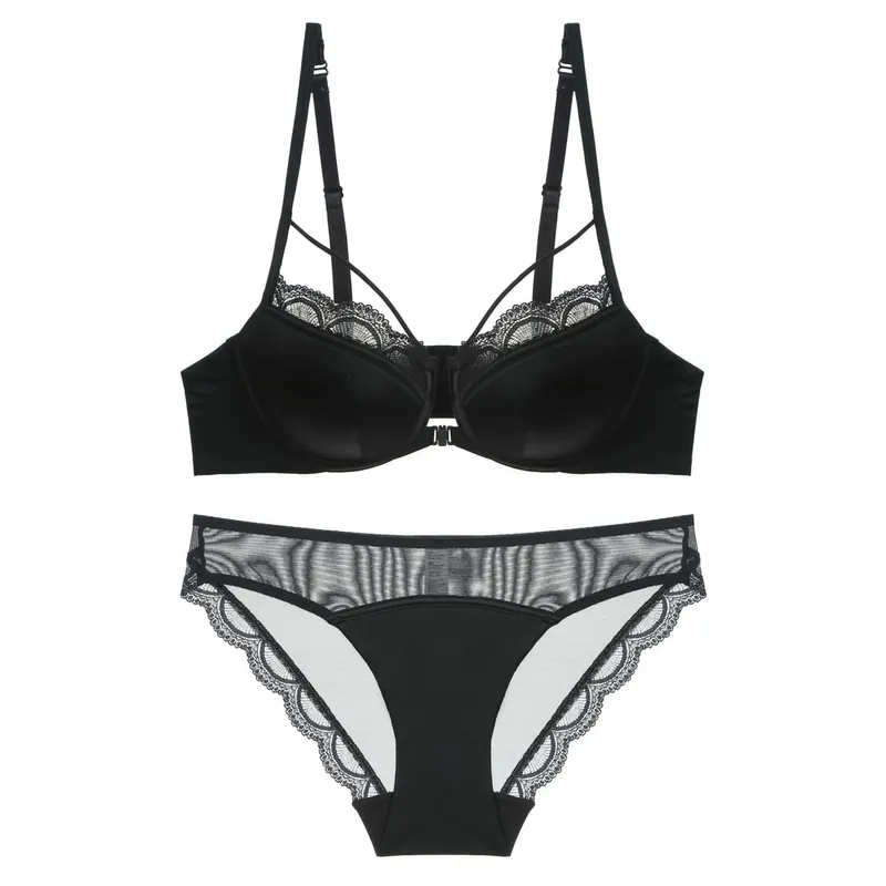 Smooth Thin Cup Front Closure Bra Briefs Set Underwear with Lace Trim Push-up Backless Bra Women Brassiere Sexy Female Lingerie — image 3