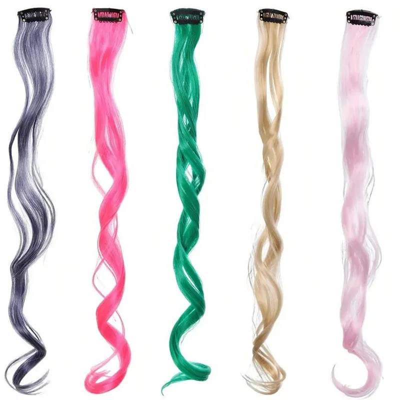 5Pcs Synthetic Long Curly Women Heat Resistant Clip In Hair Extension Hairpiece Gold Grey Purple Pink Red Colorful Extension