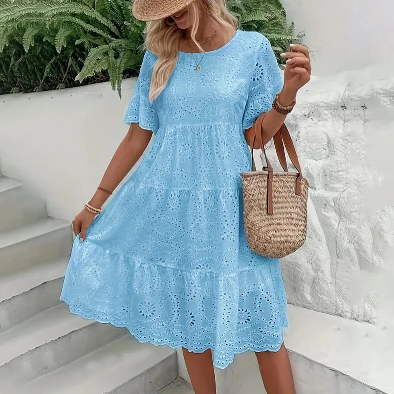 Women's White Eyelet Embroidery Midi Dress Hollow-out Boho Flowy Ruffle Tiered Dress Casual Short Sleeve Summer Beach Dresses — image 6