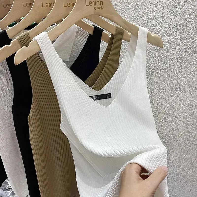 Zjaiss 2026 Summer Fashion Women Camisole Ice Silk Knit Tank Top Slim Fit Sleeveless Base Top Solid Color V-Neck Crop Top — image 9