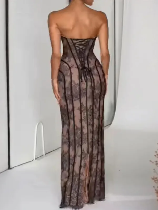 Elegant Chic Gauze Fishbone Party Gown Off-shoulder Strapless Maxi Dress Women Lace Shaping Waist Vestidos 2026 Evening Dresses