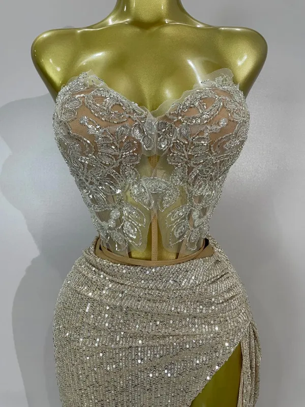 Sparkly Sequin Beading Sexy Strapless Two Pieces Set Women Evening Celebrate Nightclub Party Luxury Birthday Dress Stage Costume — image 5
