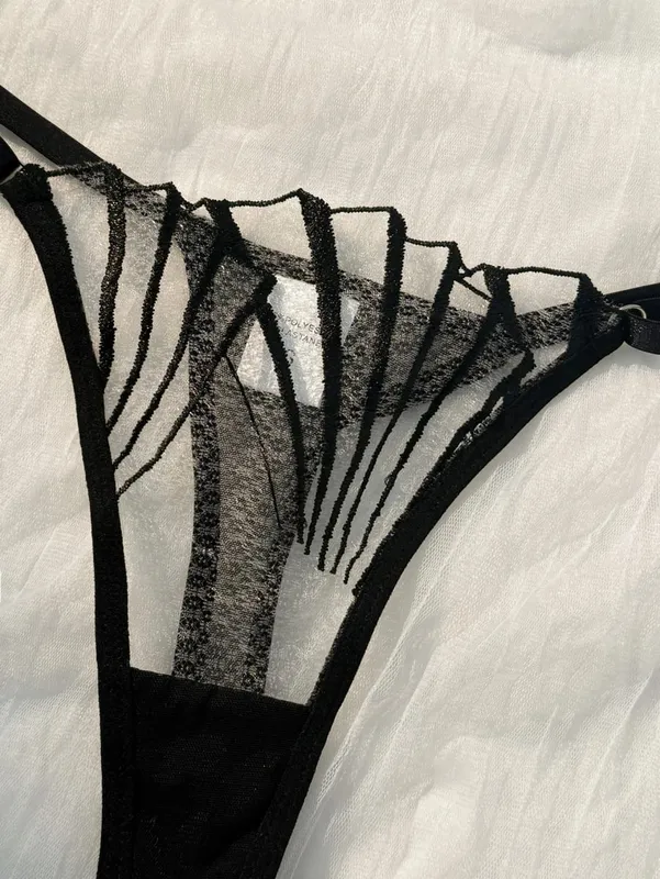 Women Black Geometric Embroidery Lingerie Set Ruffle Trim Underwire Bra Thong Sheer Mesh Stylish Intimate Underwear ZA824058 — image 6