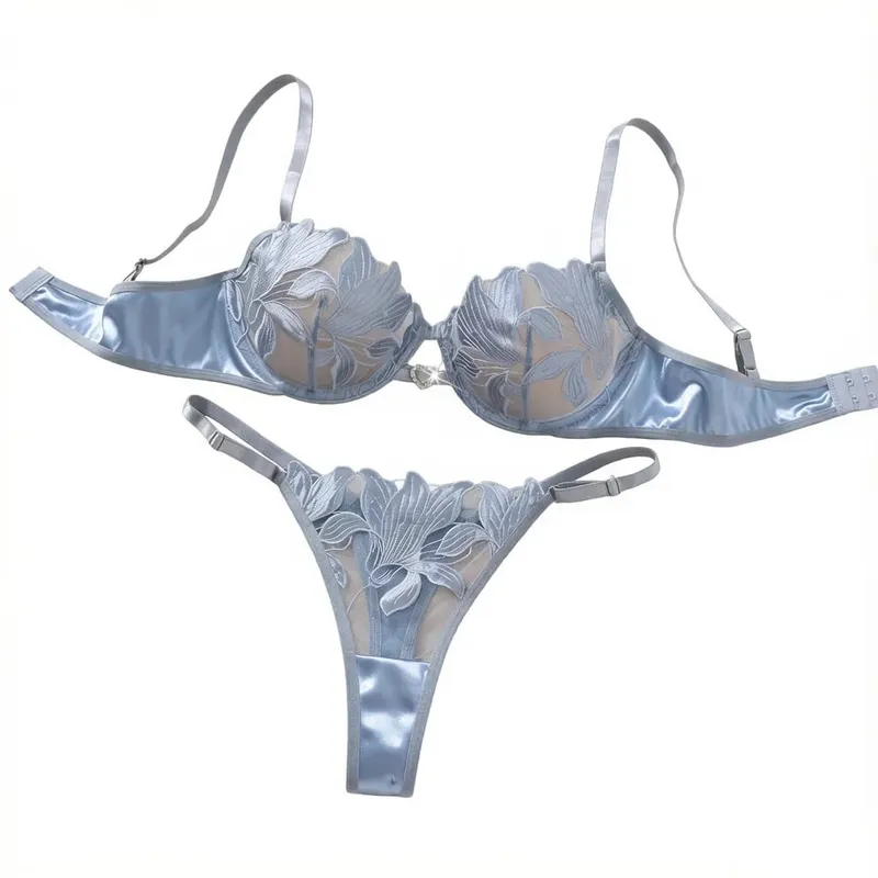 Light Blue Leaf Embroidery Lingerie Set Women Sheer Mesh Push Up Bra And Thong 2 Piece Sexy Transparent Lace Underwear ZA824031 — image 1
