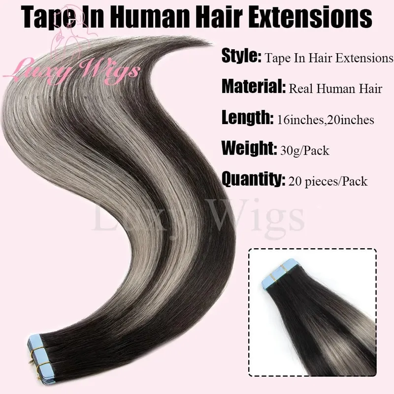 Highlights Gray Tape in Hair Extensions Human Hair Straight Black Blonde Seamless PU Skin Weft Tape In Hair Extensions 20PCS — image 3