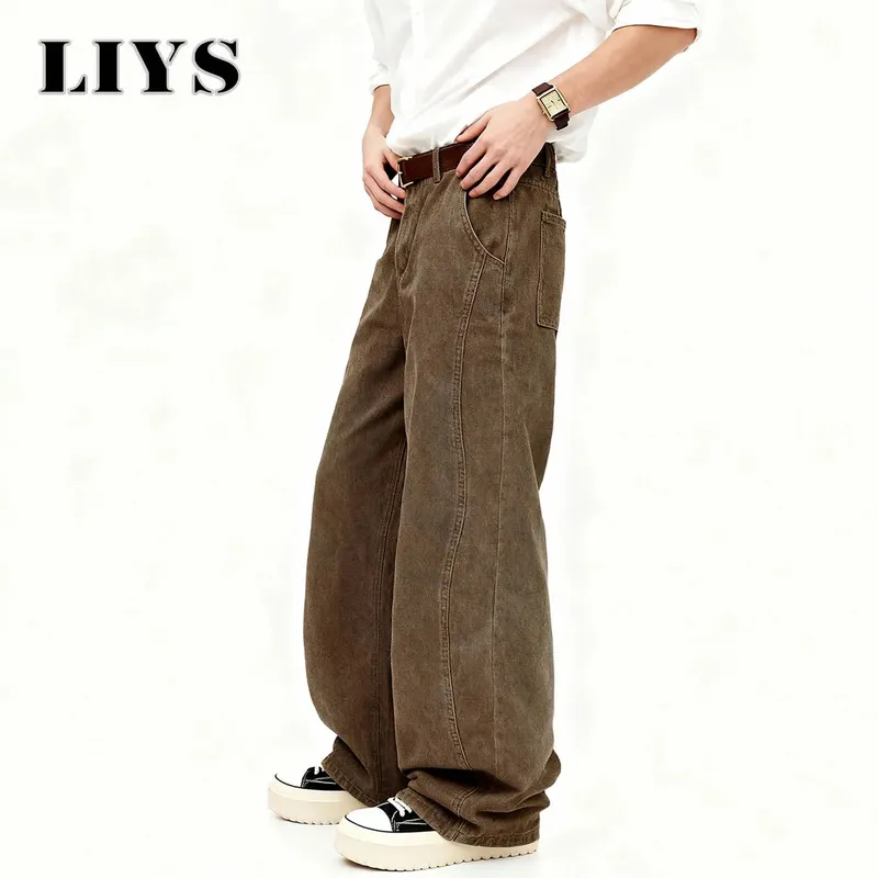 American Men's Retro Brown Ultra Baggy Wide Leg Jeans Street Casual Embroidery Oversized Men's Clothes Unisex Denim Pants — image 4