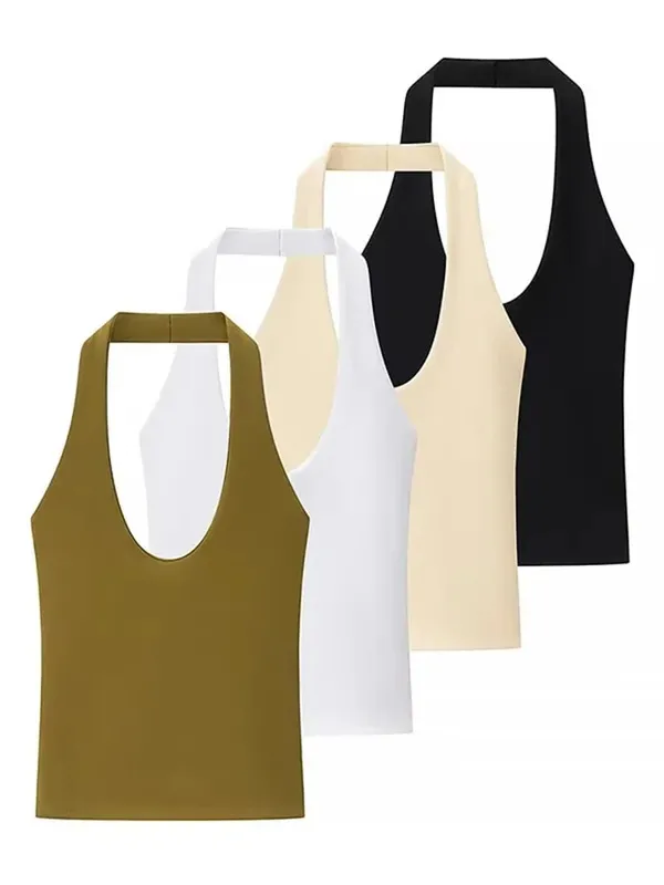 2025 été nouvelle série de couleur unie pour femmes col licou mince dos nu basique tout-match haut