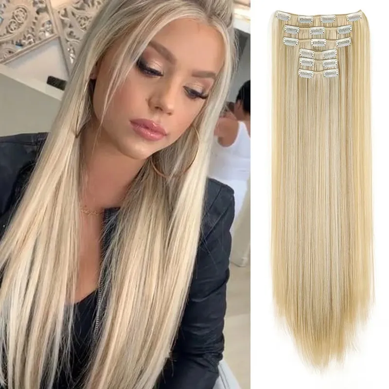 Black Hair Extensions 24"/60cm 6pcs/set Women Long Straight Synthetic Full Head Clip 16 Clips Ombre Heat Resistant Fiber Hair — image 18