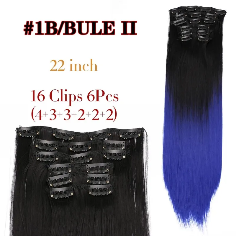 22 Inches Synthetic Long Straight Hairstyle 16 Clips 6Pcs/Set Hair Extensions Blonde Black Hairpieces Heat Resistant For Women