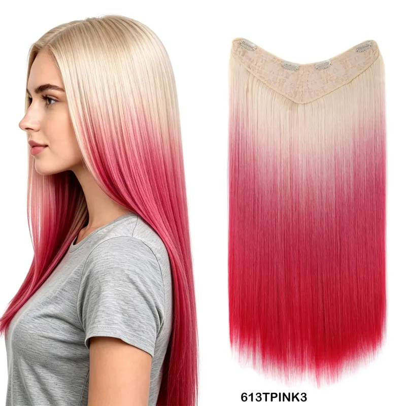 Clip In Hair Extension V Shape One Piece Straight Hair Whit 4 Clips Ombre Synthetic Hair Pieces For Women