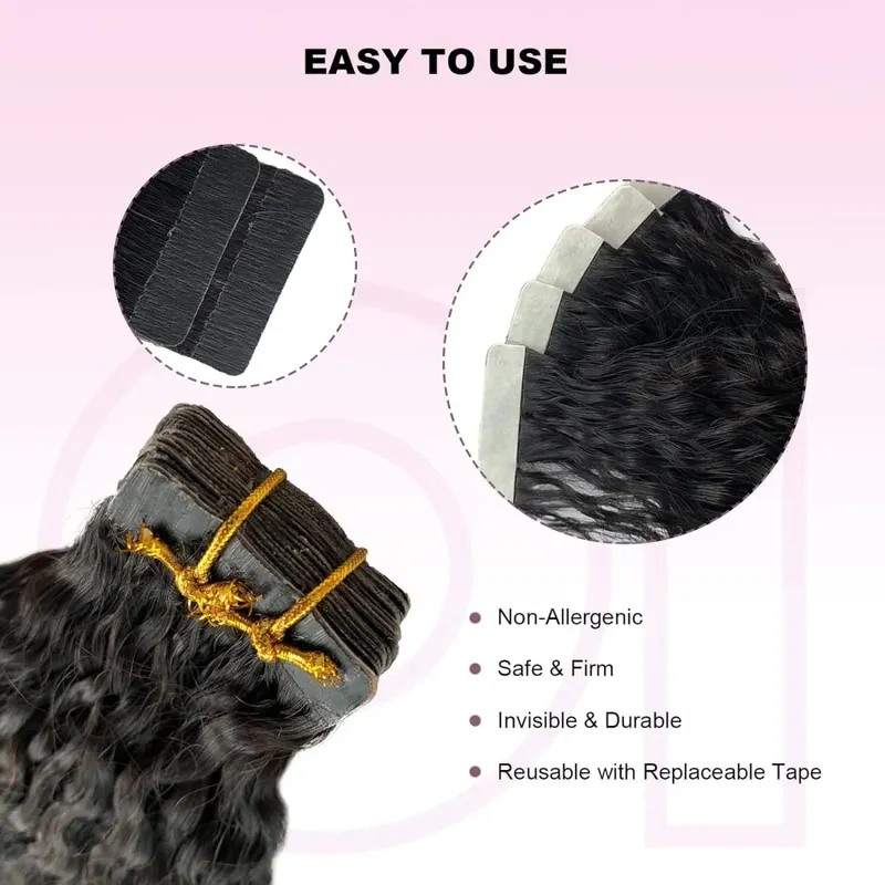 Kinky Straight Tape Ins Hair Extensions Invisible Adhesive Glue Natural Black Yaki Tapes in 100% Human Hair Full Head 50g/20Pcs — image 4
