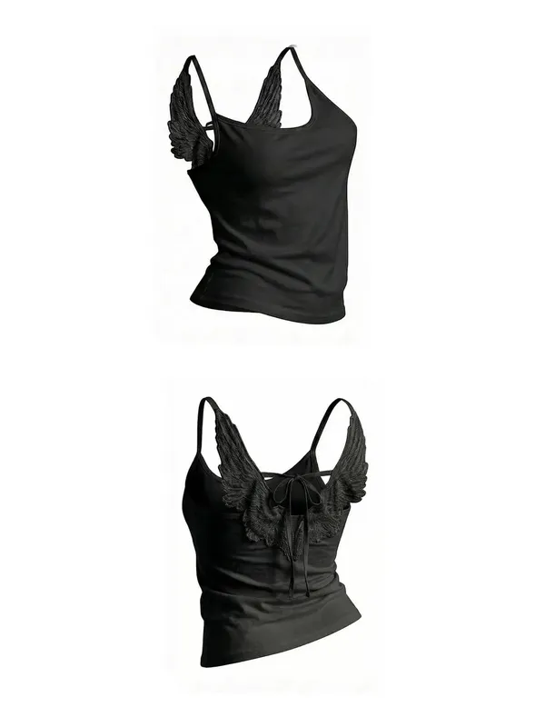Angel Wings Vest 3D Embossed Wings Embroidery Spaghetti Strap Vest Y2K Women Gothic Fashion Summer Sexy Slim Backless Short Top — image 11