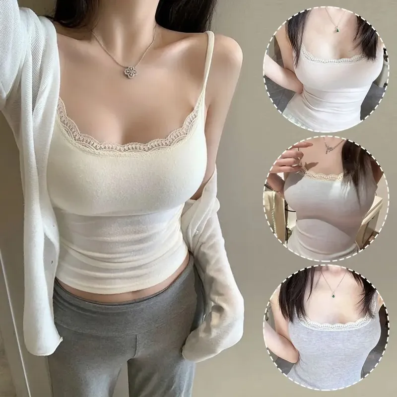 Women Lace Trim Camisole Built-in Bra Padded Elastic Slim Vest Sleeveless Spaghetti Strap Tank Top Soft Stretchy Basic Cami Top — image 2
