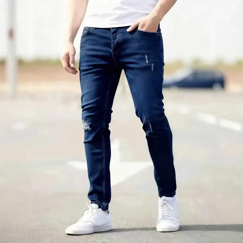 2026 New Fashion Men's Skinny Ripped Jeans Mid Waist Stretch Denim Pants Male's Slim Trousers with Pocket Casual Soft Streetwear — image 5
