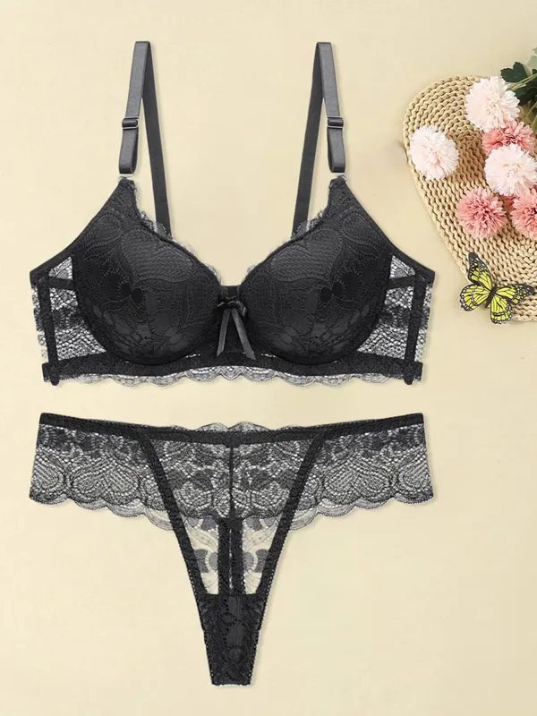 Women s Floral Lace Lingerie Set Sheer Mesh Seductive Babydoll Push up Bra and Panty 2 Pcs Set with Garter Belt — image 5
