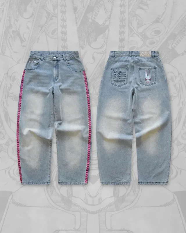Y2K Anime JoJo Street High Waisted Loose Jeans Pink Heart-shaped Embroidery Loose Washed Denim Pants Wide Leg Pants — image 7