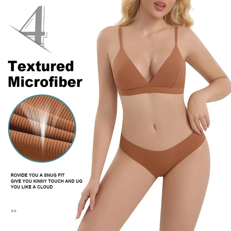 Sutiã sem aro sem costura feminino com nervuras triângulo copo cuecas conjunto roupa interior feminino conjunto lingerie sexy