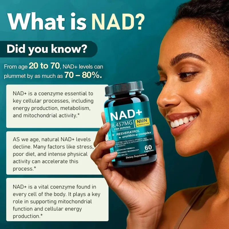 NAD Supplement 8457mg Plus for Energy Focus Skin & Anti-Aging Support - NMN Alternative Liposomal + Green Tea 60 Capsules