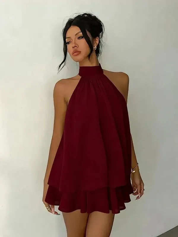 Women Halter Neck Backless Tie Mini Dress Summer Sleeveless Chiffon Ruffle Short Dresses Sexy Club Party Beach Vacation Outfit — image 10
