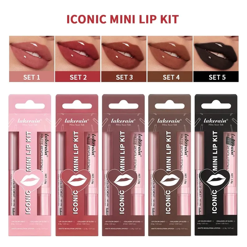 Conjunto de delineador labial + batom em 5 cores e mancha labial fácil coloração fosco kit batom batom vermelho de longa duração conjunto de maquiagem labial
