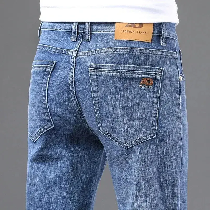 Spring Fashion Men's Light Blue Slim Jeans Stylish Business Casual Stretch Fabric Denim Pants Classic All Match Trousers — image 6