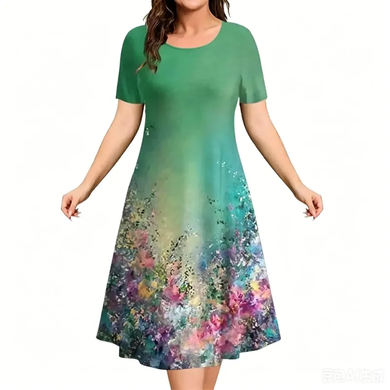 2026 New Women Dresses 3D Flowers Pattern Print Short Sleeve Loose Dress Casual Fashion A-Line Dress Summer Plus Size Dresses — image 2