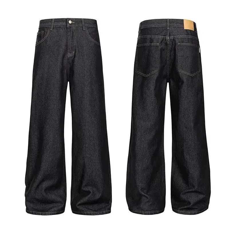 American-style retro button design washed jeans spring and autumn high-waist loose high-street wide-leg jeans for men and women
