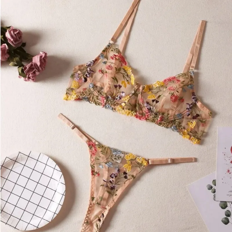 2-Piece Versatile Floral Lingerie Set Embroidery Sheer Boho Bra Panty Set Intimates — image 8