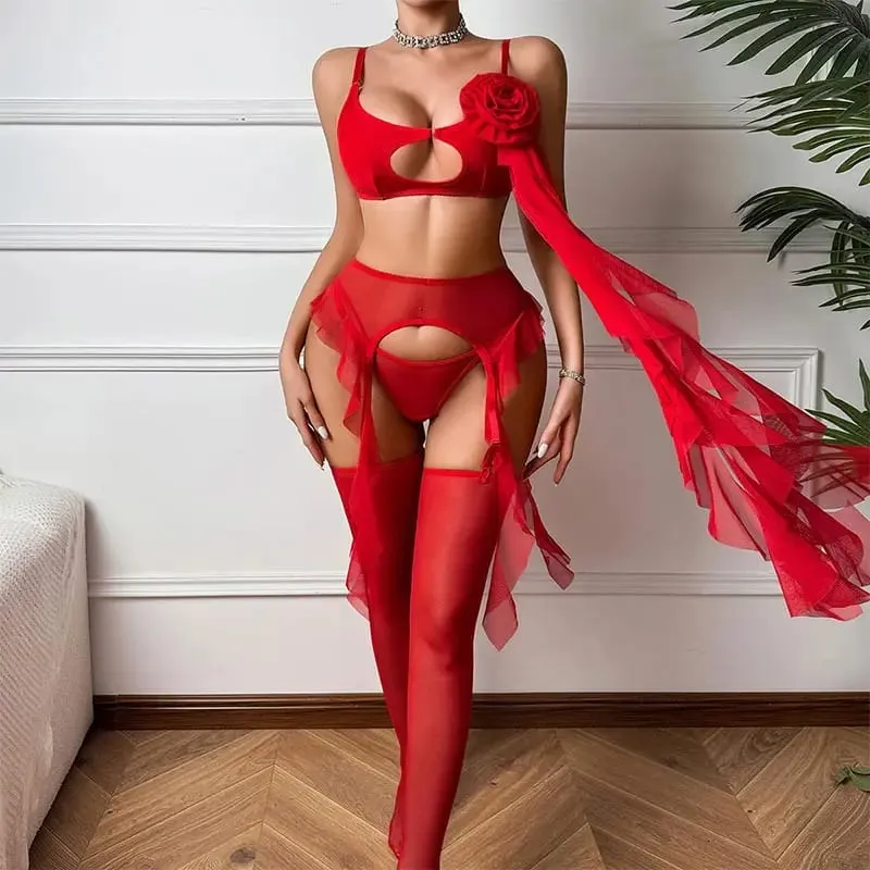 Red See Through Mesh Bra Set With Red Rose Decor Ruffle Edge Shapewear For Women Sexy Lingerie Split Set Sexy Lingerie Female — image 5