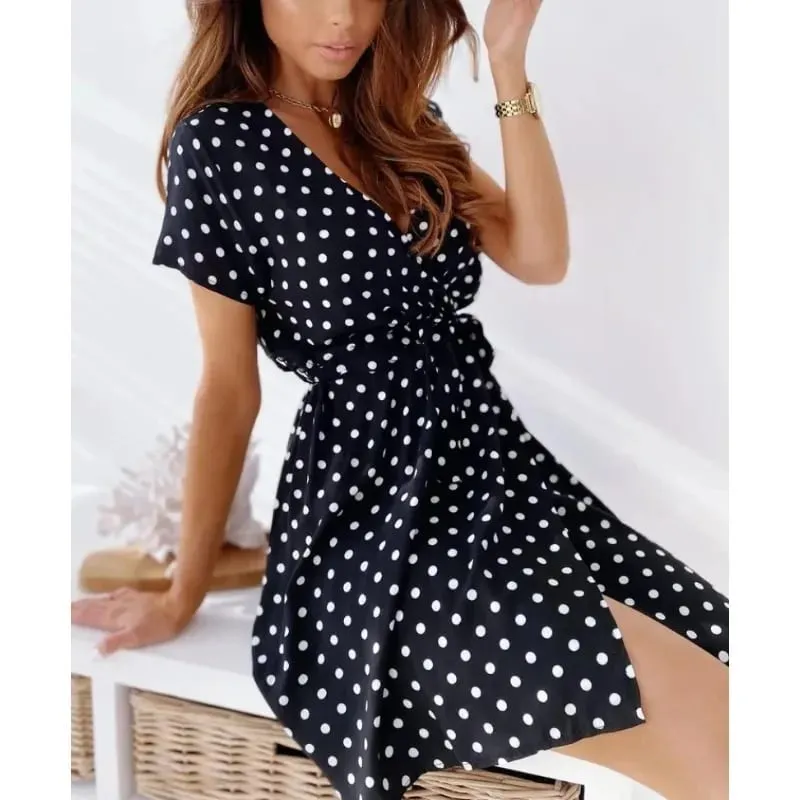 Sommer Damen Polka Dot Gedruckt Kurzarm Casual Kleid Modische V-ausschnitt Gürtel Pendeln Kleid Urlaub Party Damen Kleid — image 4