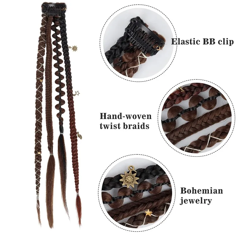 Boho Ombre Burgundy Braided Ponytail Hair Extensions Synthetic Braids With Bohemian Viking Hair Pieces For Women Carnival Party