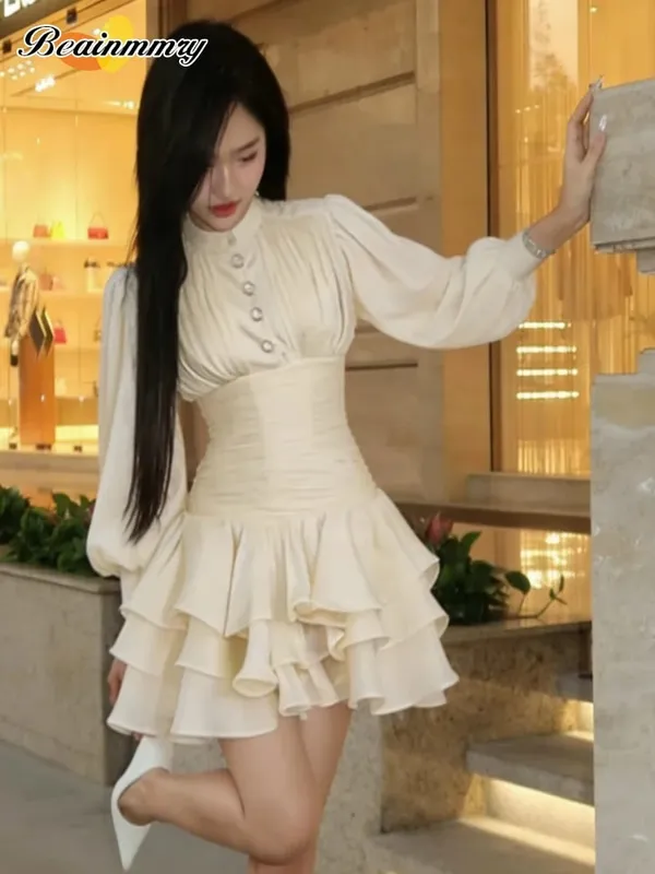 Cream Victorian-inspired Mini Dress Women Puff-sleeve Ruched Tiered Romantic Cottagecore Party Dresses 2026 Trendy Chic Outfit — image 4