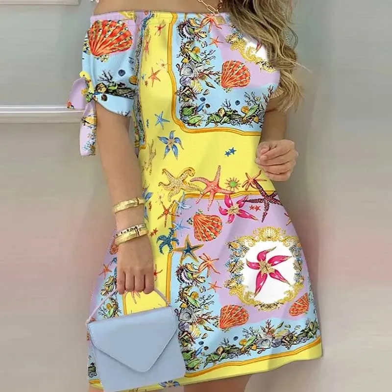 Kadınlar için açık omuzlu Mini Elbise Yaz Seksi Kısa Kollu Papyon Çizgili Çiçek Baskı Elbiseler Moda Rahat Gevşek Elbise — image 12