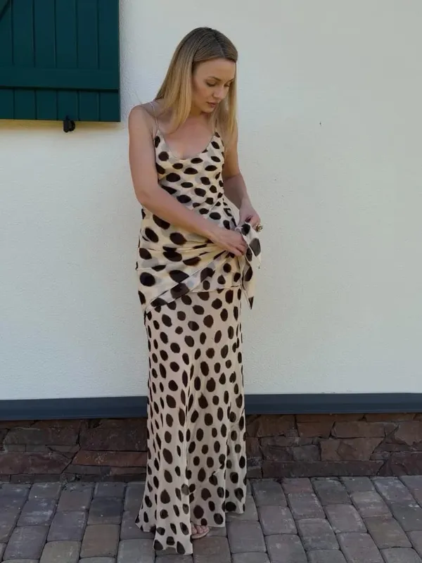 Elegant Animal Print Maxi Dress Detachable Scarf Spaghetti Strap Tie Waist Slim Fit Skirt Women Summer Party Vacation Outfit New — image 2