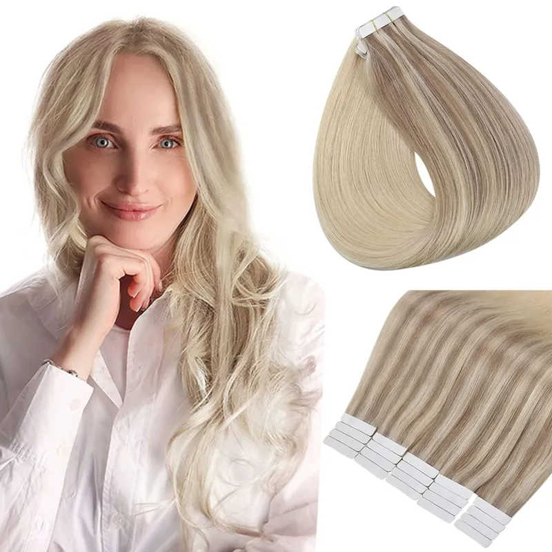 Full Shine Tape in Hair Extensions Human Hair Seamless Silky Straight Skin Weft 20Pcs 50G Add Length for Wedding