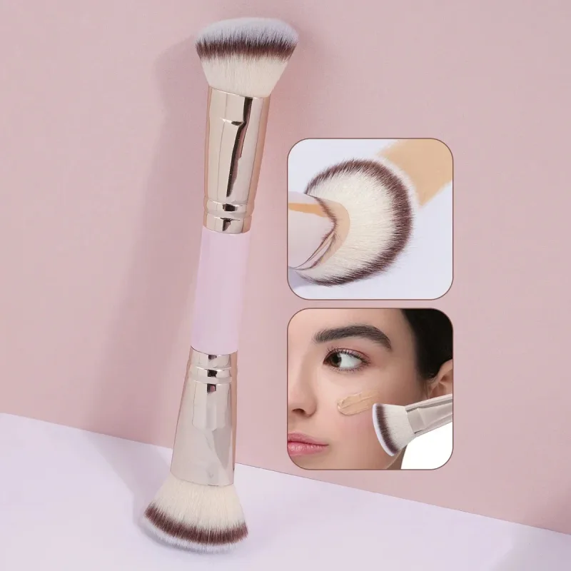 Double Head Makeup Brushes 2 In 1 Flat/Angled Foundation Concealer Contour Brush para sa Blending Loose Powder Liquid Cream