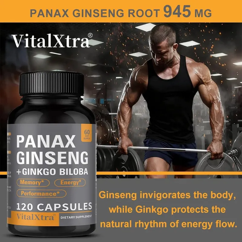 Panax Ginseng + Ginkgo Biloba 120 Vegan Capsules Supports Heart Health and Muscle Function Athletic Performance — image 2