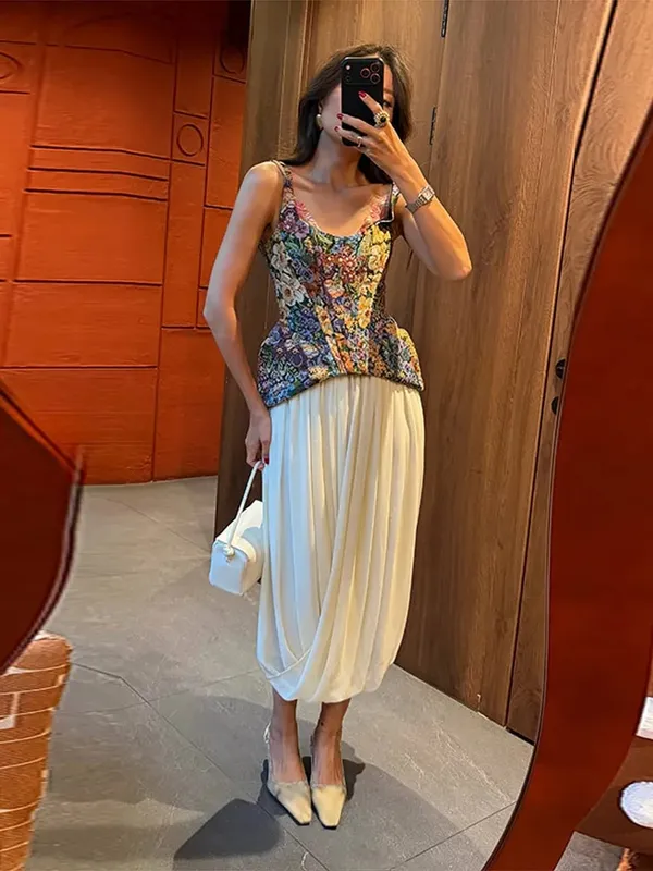 Vintage Floral U Neck Spaghetti Strap Corset Cami Top Curved Hem Fitted 2026 Summer Women Slim Tank Causla Versatlie Lady Top — image 3